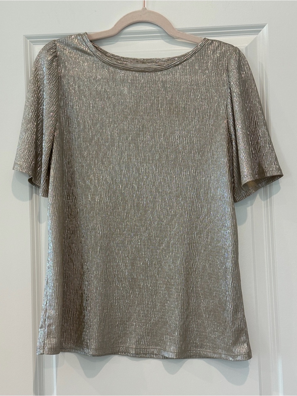 LOFT Shimmer Ribbed Metallic Silver Short Sleeve Top